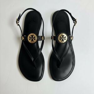 Tory Burch Black Leather Sandals with Gold Emblem. Size 8.5.
